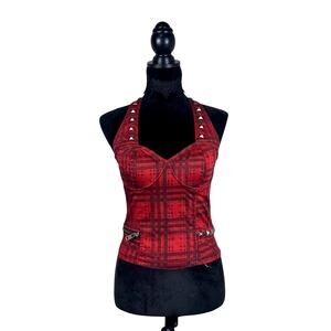 Vtg Y2K 00's Red Plain Tartan Halter Corset Top Sample Only Mallgoth Lip Service